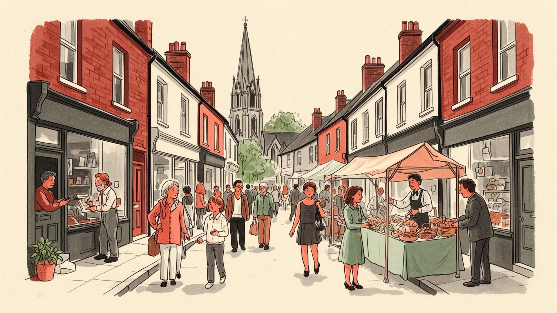 A British high street with people, market stalls and terraced shops